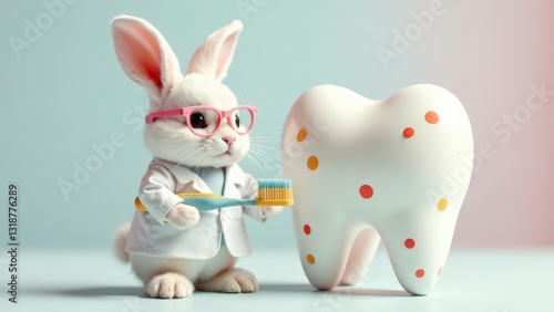 Adorable bunny in glasses and a lab coat brushing a large tooth with spots, on pastel background. Dental care concept