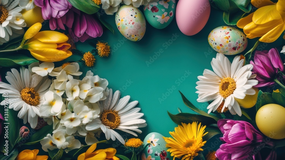 Enchanting Spring Holidays Concept: A Creative Layout of Colorful Flowers and Easter Eggs on a Minimal Nature Background Enchanting Spring Holidays Concept: A Creative Layout of Colorful Flowers and Easter Eggs on a Minimal Nature Background