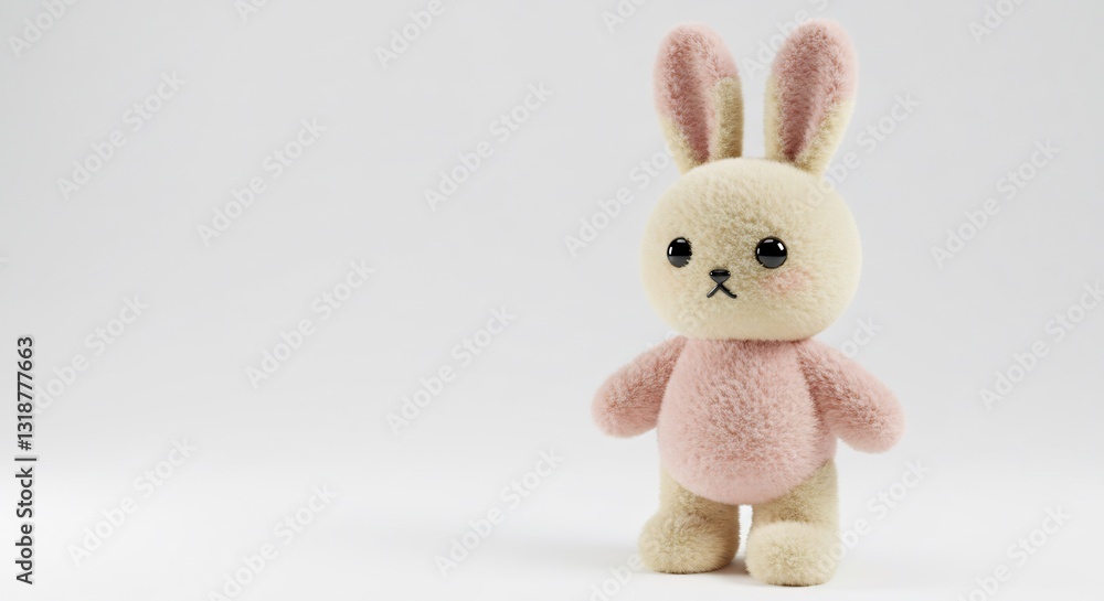 Fototapeta premium Soft pink bunny plush toy stands gently against bright white background. AI Generated