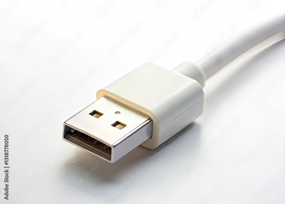 Crisp white USB cable plug, starkly isolated against a pure white backdrop. Crisp white USB cable plug, starkly isolated against a pure white backdrop.