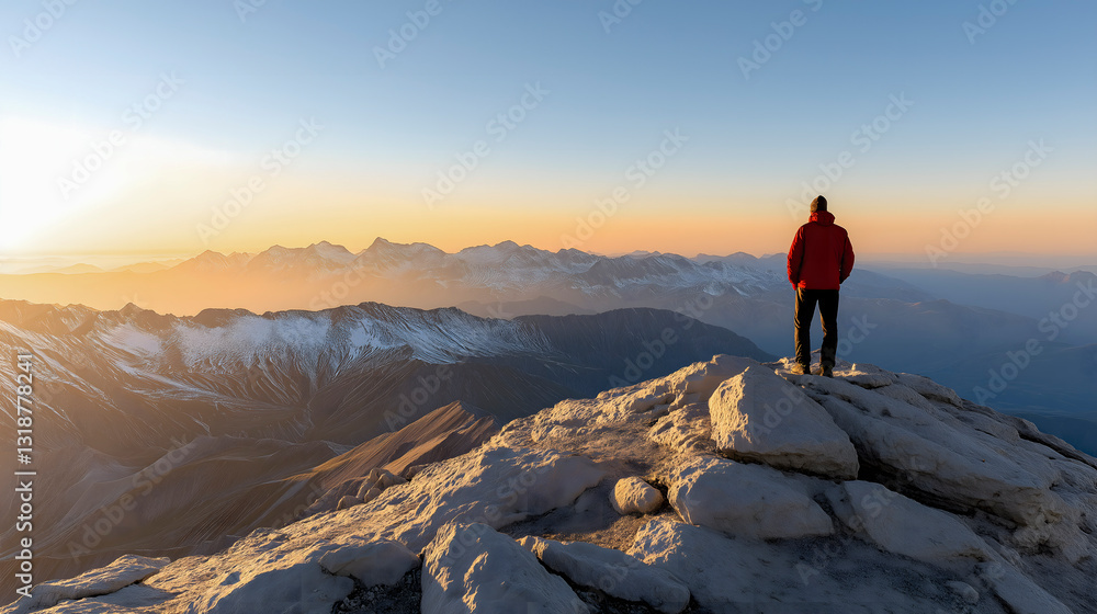 Hiker standing on mountain peak enjoying inspiring view at sunrise Hiker standing on mountain peak enjoying inspiring view at sunrise