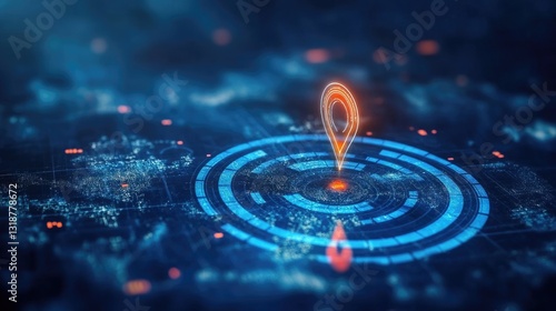 Digital location pin hovering over a futuristic glowing map interface featuring blue and orange elements symbolizing advanced GPS technology data visualization 