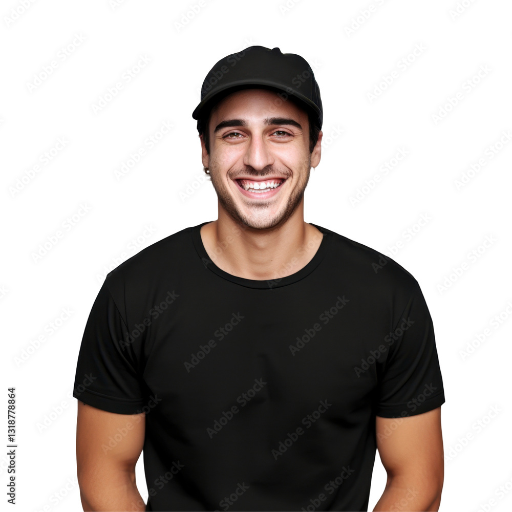 man wearing a black t-shirt and a black hat is smiling isolated on transparent background man wearing a black t-shirt and a black hat is smiling isolated on transparent background