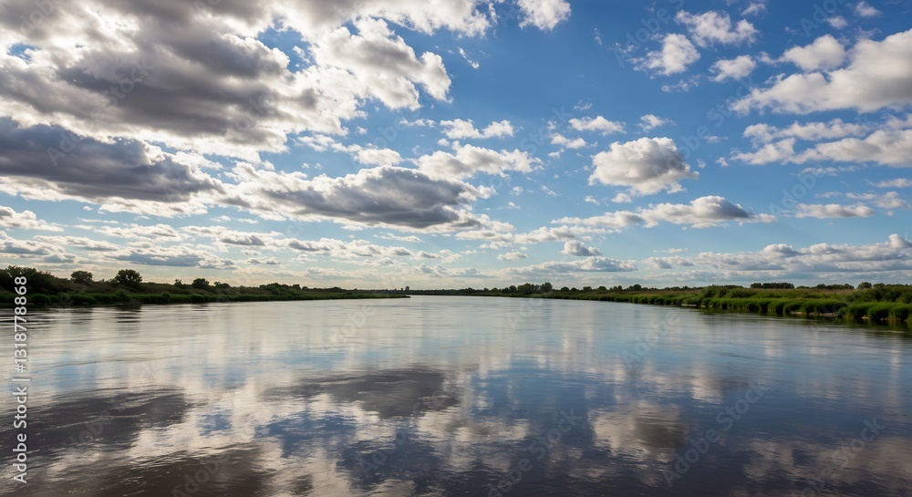 Serene river reflects brilliantly bright clouds a peaceful landscape. AI Generated Serene river reflects brilliantly bright clouds a peaceful landscape. AI Generated
