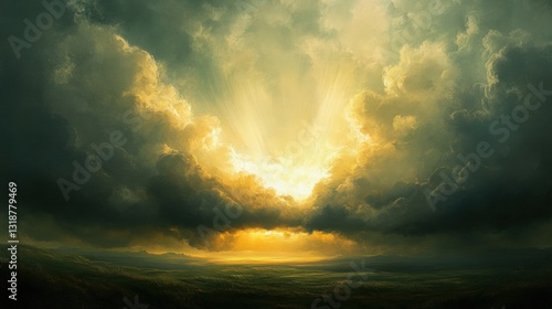 A dramatic landscape with a bright sun peeking through dark clouds.