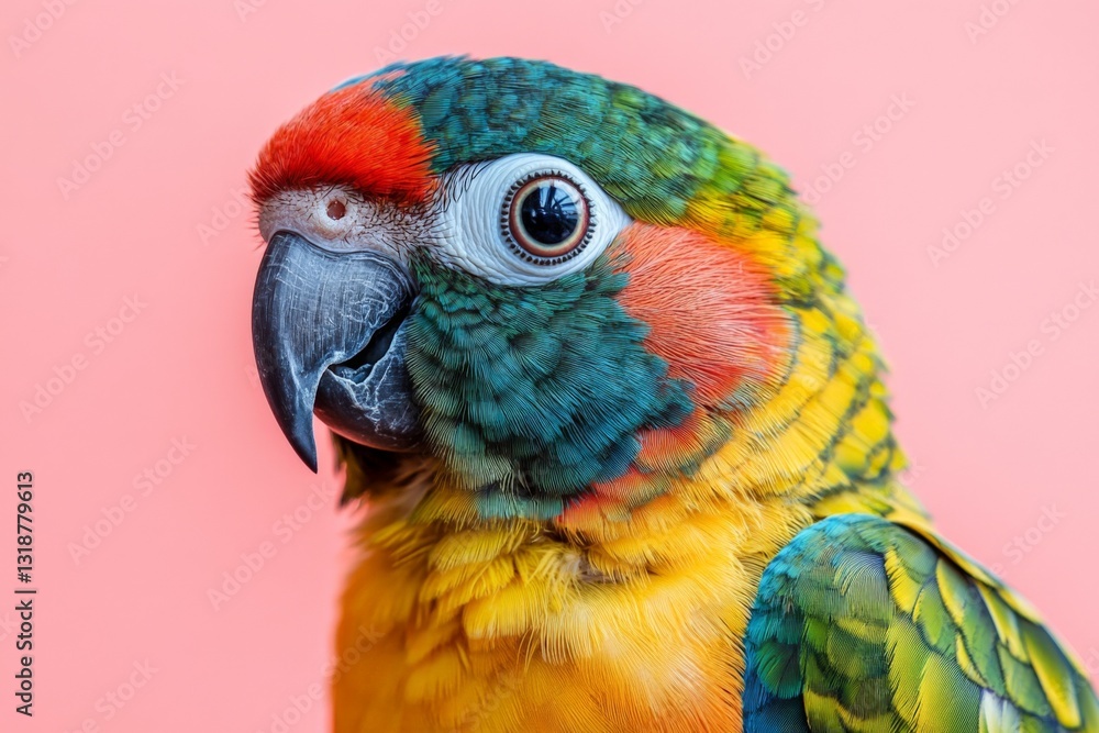 Obraz premium Colorful parrot perched against a pink background showcasing vibrant feathers and curious expression