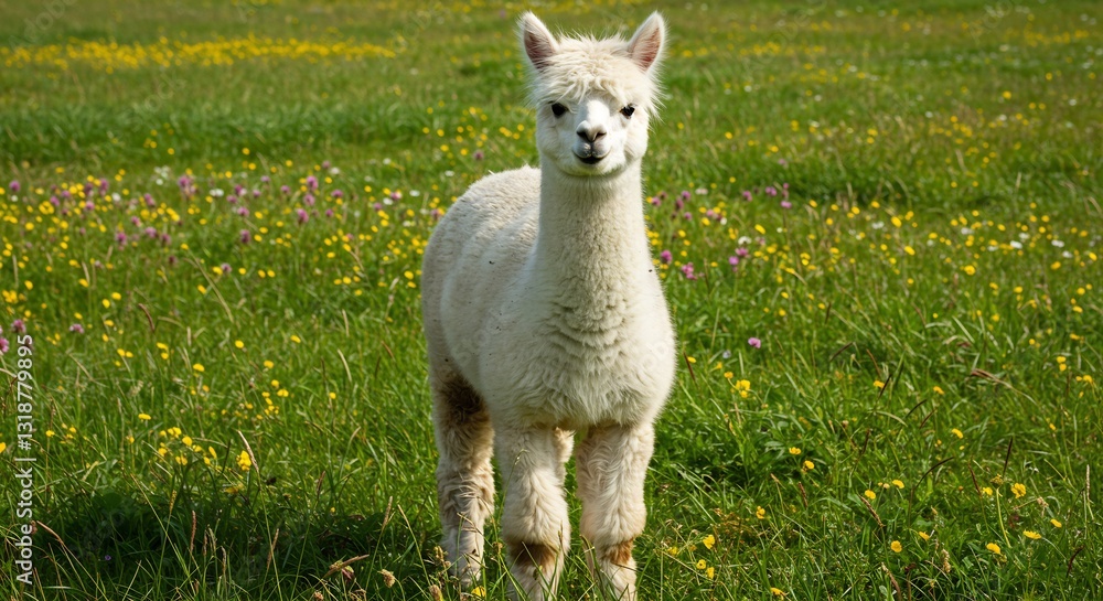 Fototapeta premium Adorable fluffy alpaca stands serenely in bright sunlight amongst wildflowers. AI Generated