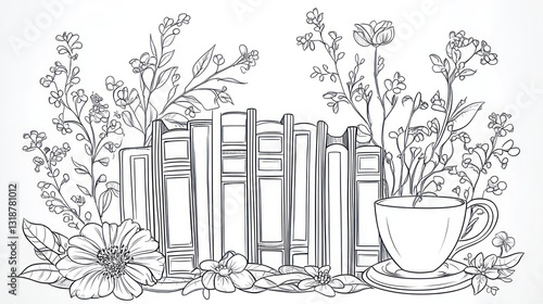 Books, flowers, teacup; cozy reading nook; spring