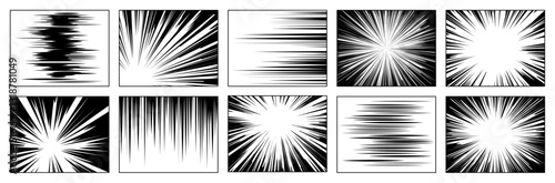 Set of ten images displaying dynamic speed lines typically used in comics to convey motion and impact. Each illustration features varying directions, thicknesses, and intensities of lines.