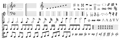 Diverse array of musical notation symbols representing notes, clefs, dynamics, and articulations. Essential for composers and musicians learning to read music.