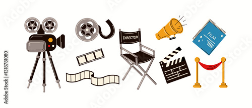 Illustration featuring essential filmmaking tools including a vintage camera, directors chair, megaphone, film reel, and script, drawn in a modern vector style.