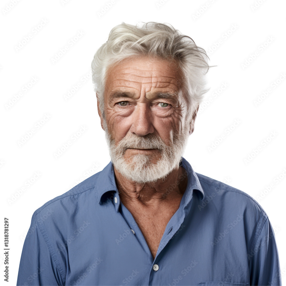 A man with a beard and gray hair is wearing a blue shirt isolated on transparent background A man with a beard and gray hair is wearing a blue shirt isolated on transparent background