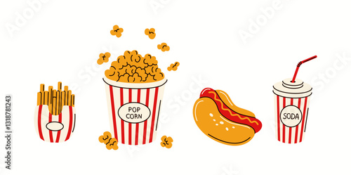 Illustration of classic movie theater snacks, including popcorn, soda, french fries, and a hot dog, symbolizing the movie night experience, drawn in a vibrant vector style.