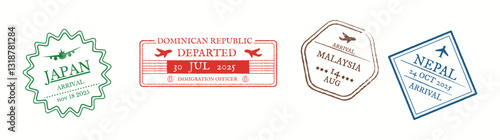 Illustration shows four passport stamps with travel dates for Japan, Dominican Republic, Malaysia, and Nepal. Each stamp has unique design and color representing international travel themes.