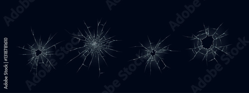 Vector illustration showcasing four realistic bullet holes in a sheet of glass. The cracks radiate from each impact point creating a shattered appearance against a dark background.