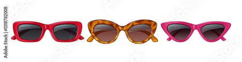 Three pairs of stylish sunglasses with distinct colorful frames, ranging from bold red to patterned brown and vibrant pink, all set against a white background.