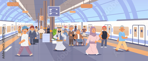 Subway train station with many diverse people. Passengers metro platform vector illustration