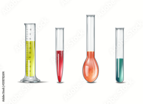 Illustration of different laboratory glassware including test tubes and flasks filled with colorful liquids representing chemical substances in a scientific setting.