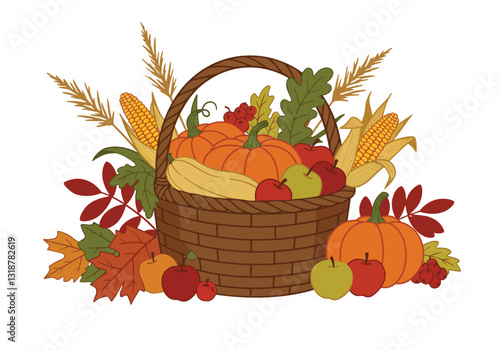 Fall harvest clip art. This image shows a basket filled with pumpkins, apples, corn, and leaves. Vector illustration design.