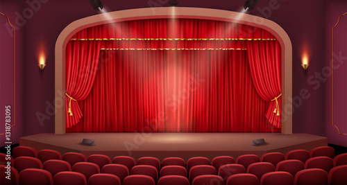 A detailed 3D vector illustration of a classic theater stage with an arched frame, luxurious red velvet curtains, and elegant wall sconces, creating a refined atmosphere.