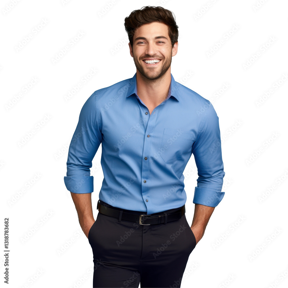 Fototapeta premium A man in a blue shirt and black pants is smiling isolated on transparent background