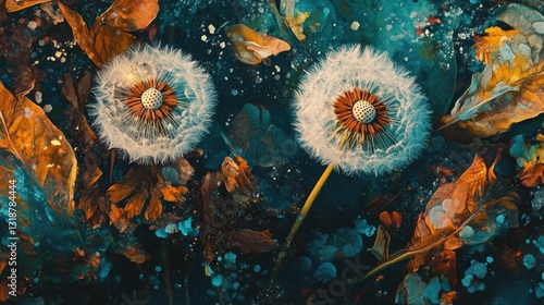 Wallpaper Mural Two beautiful dandelion seed heads surrounded by fallen autumn leaves Torontodigital.ca