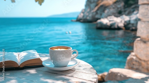 Coastal coffee break book and cappuccino by the sea