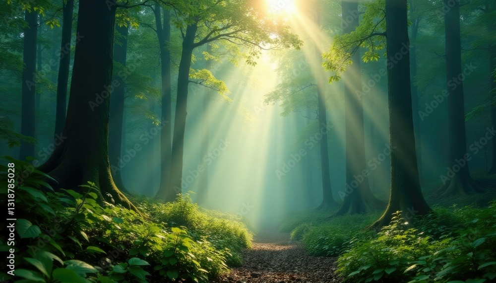 Obraz premium Sunlight filters through mist and fog in forest, forest, green