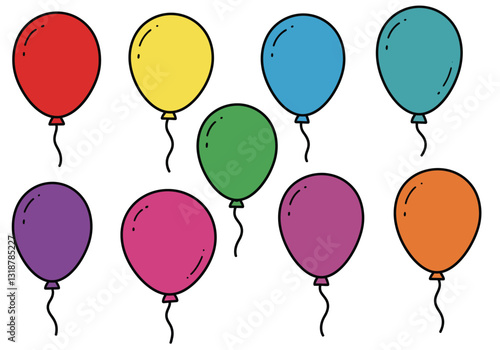 9 balloons clipart. This image showcases nine colorful balloons in a variety of hues, tied with strings and floating, perfect for festive designs. Vector illustration design.