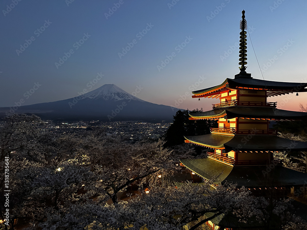 Nighttime at Chureito Pagoda with Mount Fuji