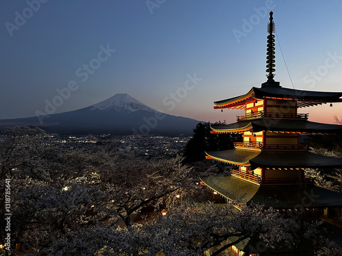 Obraz na płótnie Nighttime at Chureito Pagoda with Mount Fuji w salonie