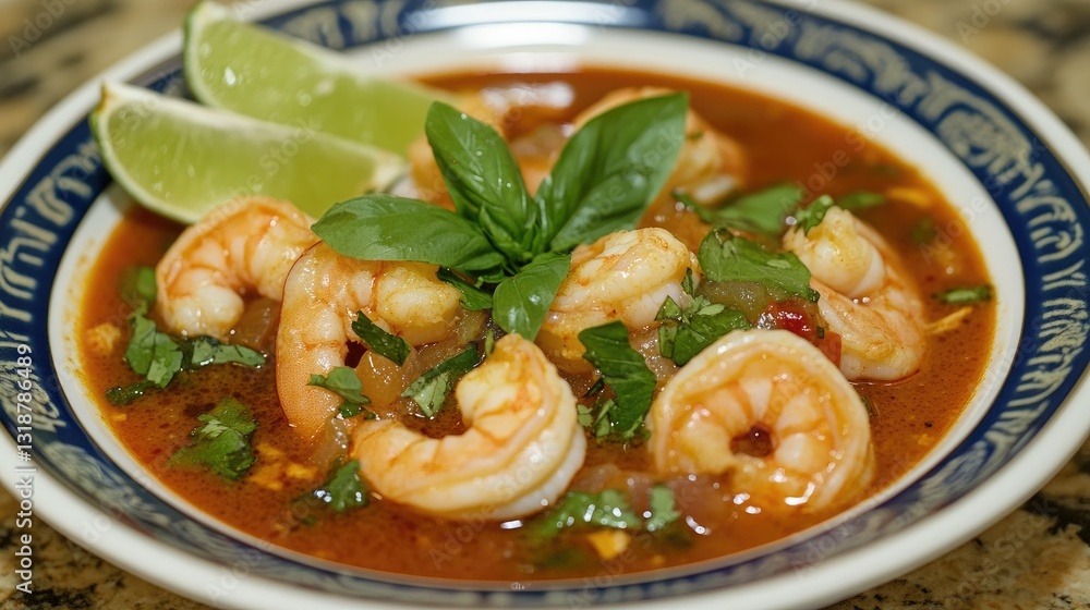 Delicious shrimp dish with fresh herbs and lime served in a decorative bowl Delicious shrimp dish with fresh herbs and lime served in a decorative bowl