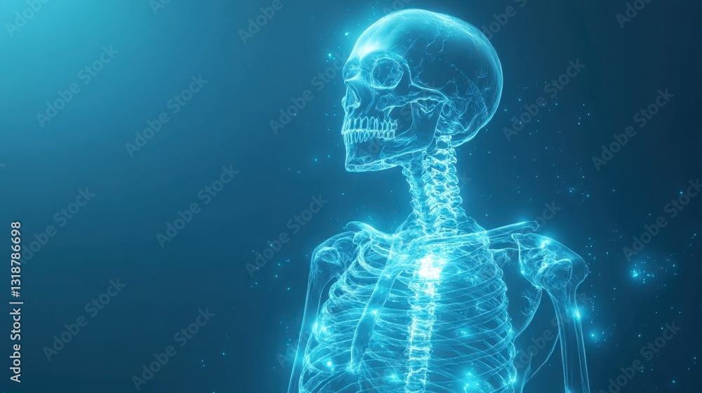 Realistic 3D rendering of a human skeleton with glowing blue effect, medical anatomy and osteology concept, empty space on blue background Realistic 3D rendering of a human skeleton with glowing blue effect, medical anatomy and osteology concept, empty space on blue background
