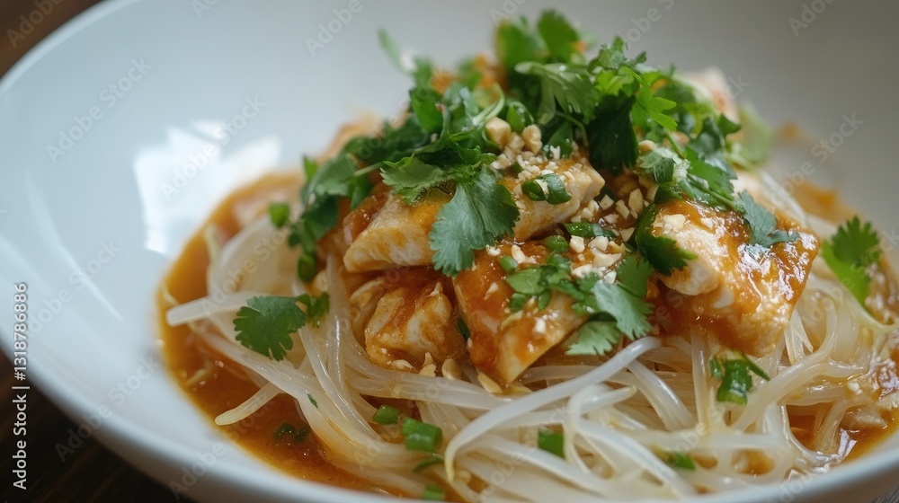 Delicious and Aromatic Rice Noodles Topped with Fresh Herbs and Flavorful Sauce in a Stylish Bowl Delicious and Aromatic Rice Noodles Topped with Fresh Herbs and Flavorful Sauce in a Stylish Bowl