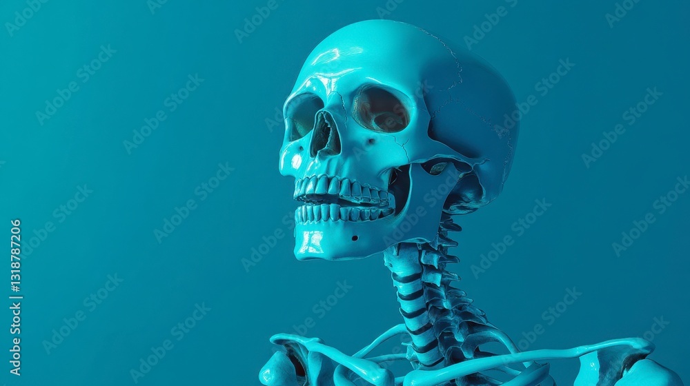 Realistic 3D rendering of a human skeleton with glowing blue effect, medical anatomy and osteology concept, empty space on blue background Realistic 3D rendering of a human skeleton with glowing blue effect, medical anatomy and osteology concept, empty space on blue background
