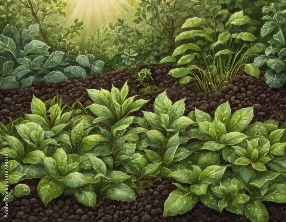 Young green plants growing in fertile soil under sunlight in a forest or garden Young green plants growing in fertile soil under sunlight in a forest or garden