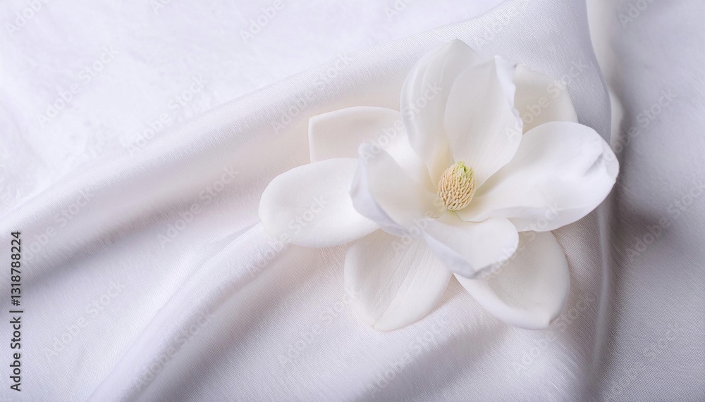 White Magnolia Flower on a Draped Soft White Silk Fabric White Magnolia Flower on a Draped Soft White Silk Fabric