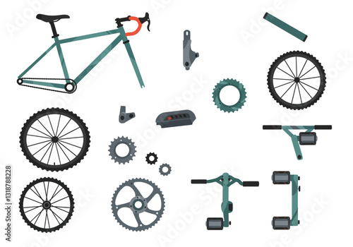 Bike parts clipart. This image shows various bicycle components including the frame, wheels, gears, pedals, and handlebars. Vector illustration design.