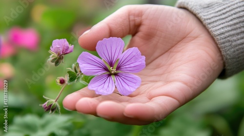 A hand is carefully cradling a delicate purple flower blooming gently