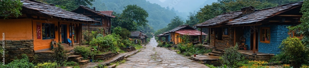 Colorful Village Pathway Surrounded by Greenery and Rustic Homes. Generative AI Colorful Village Pathway Surrounded by Greenery and Rustic Homes. Generative AI