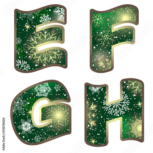 Vector image letters of the English alphabet with green Christmas pattern of golden snowflakes isolated on transparent background