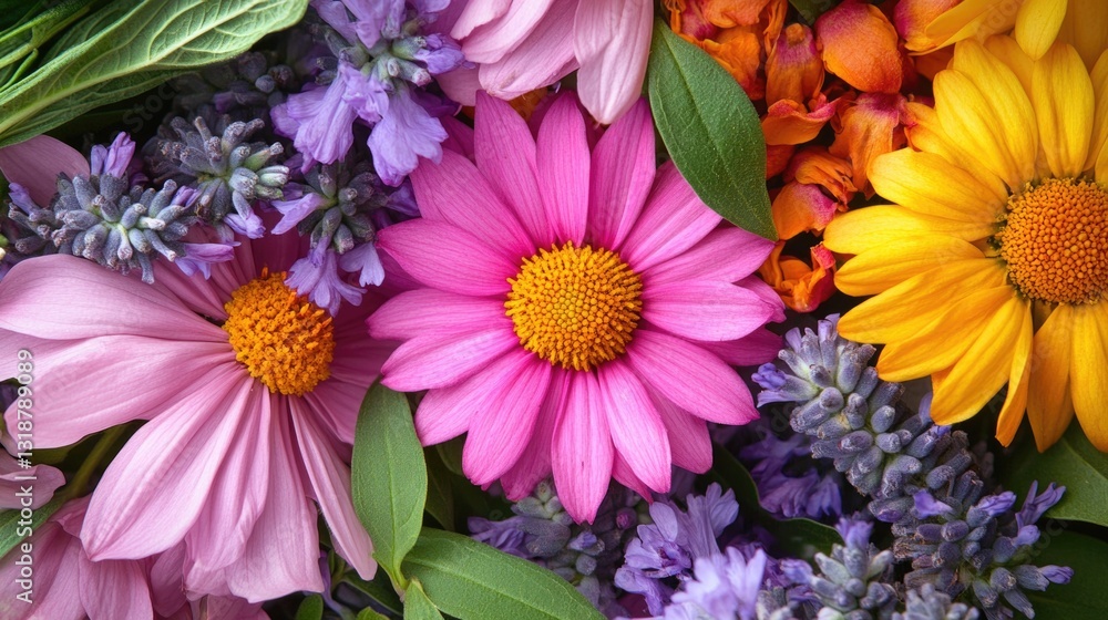 A vibrant collection of diverse colorful flowers are arranged together A vibrant collection of diverse colorful flowers are arranged together