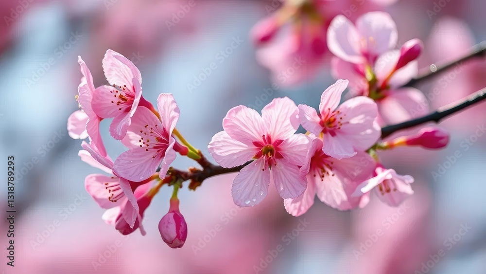 Naklejka premium Pink cherry blossoms with morning dew glistening on their petals, branch, nature, spring