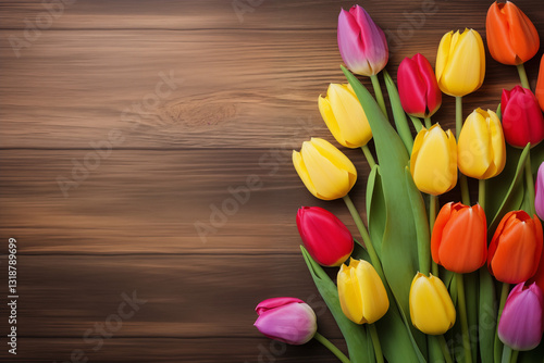 colorful tulips border on a wooden background, in a flat lay top view, Happy Mother's Day, Women's Day, Valentine's Day