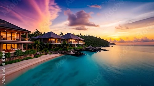 Wallpaper Mural Luxury beachfront villas in paradise overlooking the tranquil sea at twilight Torontodigital.ca