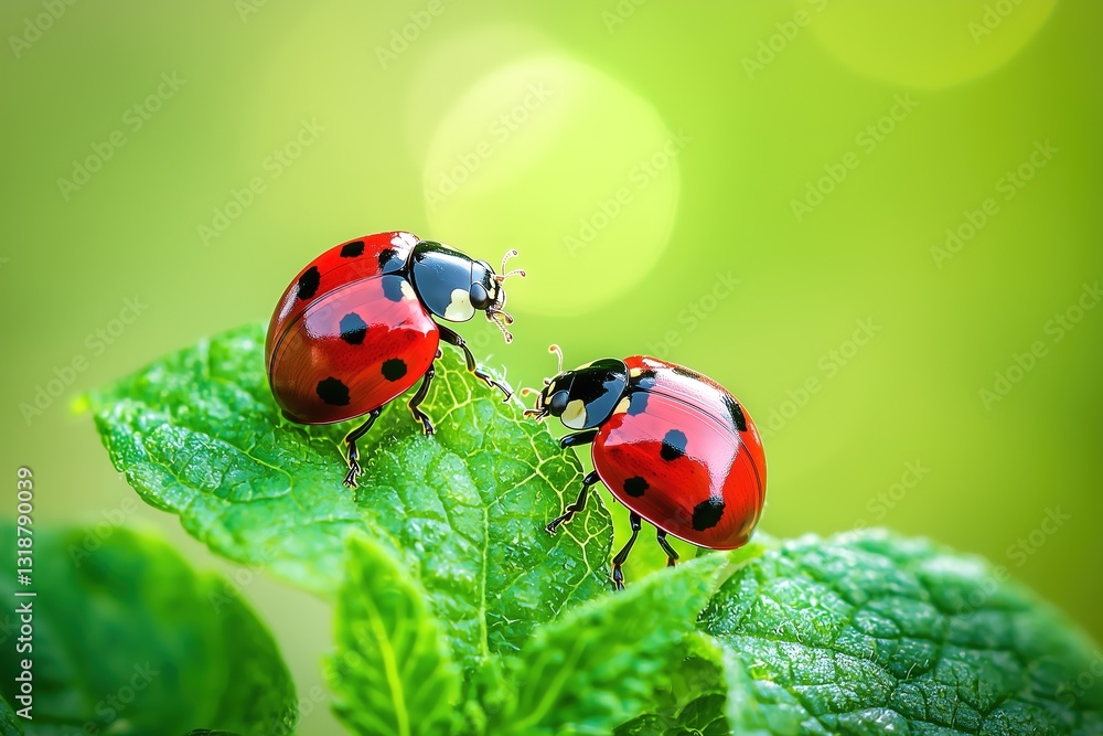 Fototapeta premium Close up macro shot of two ladybugs with red shells and black spots resting on a vibrant green leaf in a natural outdoor setting