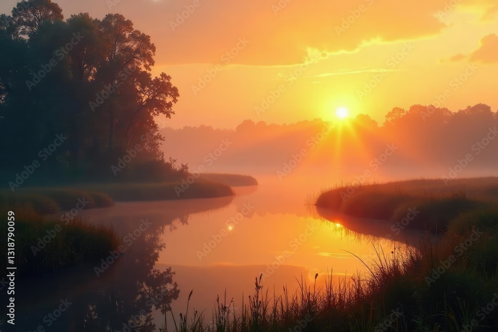 Obraz premium Misty fog slowly lifts from the marsh at sunset revealing the trees and water, sunlit, shadows