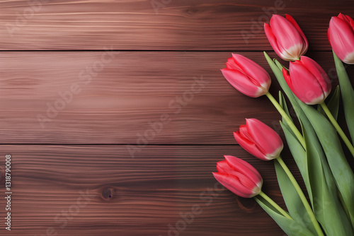 bouquet of red and pink tulips on a wooden background, flat lay, top view, Happy Mother's Day, Women's Day, Valentine's Day
