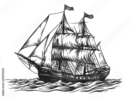 Sailing ship ocean waves vintage illustration nautical design photo