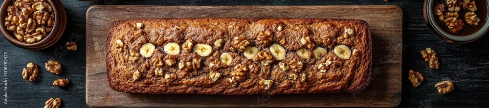 Close-up view of banana bread with walnuts on top freshly sliced. Generative AI Close-up view of banana bread with walnuts on top freshly sliced. Generative AI